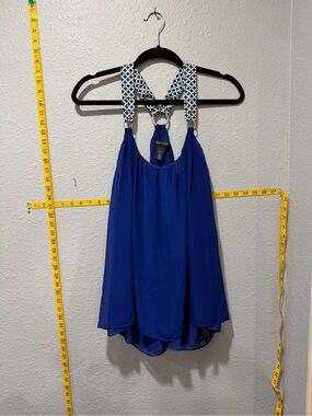 White House Black Market Blue Halter Blouse Geometric Strap Tank Size M